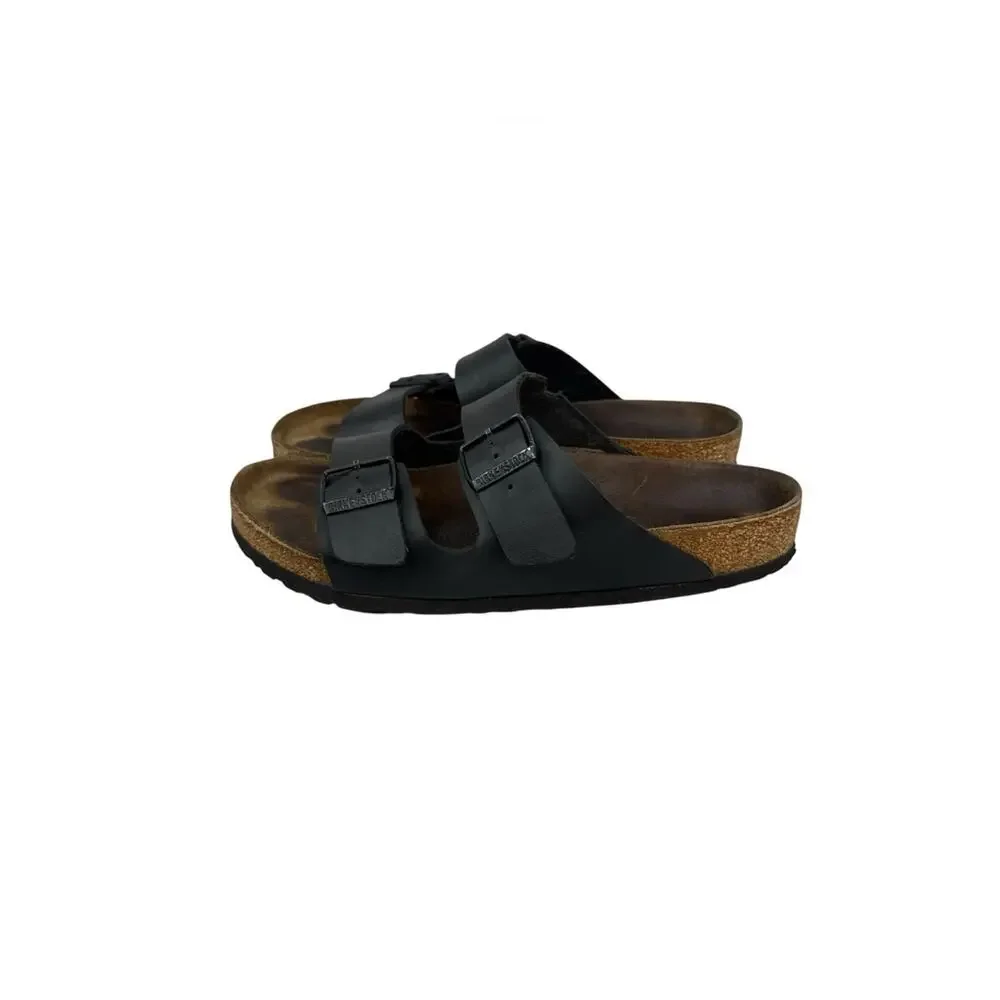 BIRKENSTOCK Arizona Men's Sz 10 Black Leather Two-Strap Sandals Cork Footbed